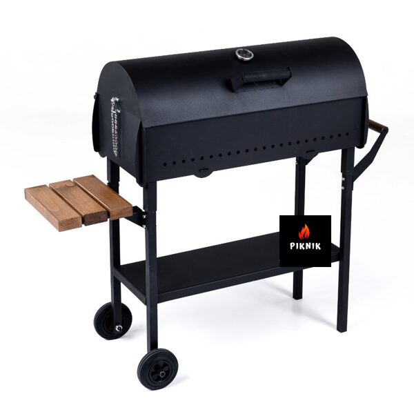  Komfort plus. Grill auf Räder mit Holzregal und Deckel
